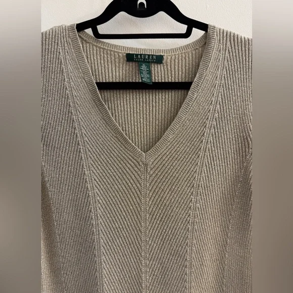 Lauren Ralph Lauren Gold Metallic V-Neck Sweater XL Shimmer Ribbed Knit - Picture 4 of 11